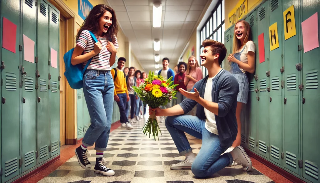 DALL·E 2024-12-20 20.26.03 - A humorous and heartwarming scene of a young man kneeling in a school corridor, offering a colorful bouquet of flowers to a surprised and laughing you